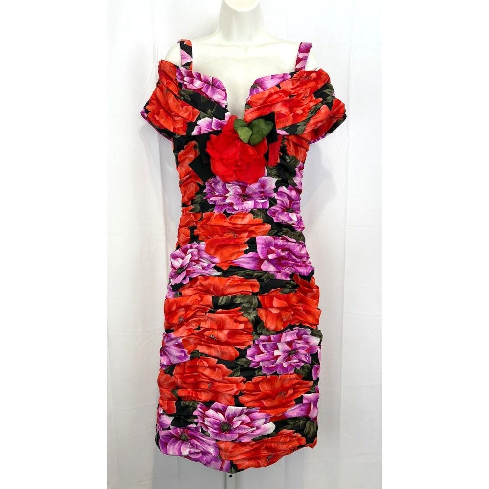 VICTOR COSTA Vintage Size 12 Floral Off Shoulder Dress Ruched Flower Multicolor